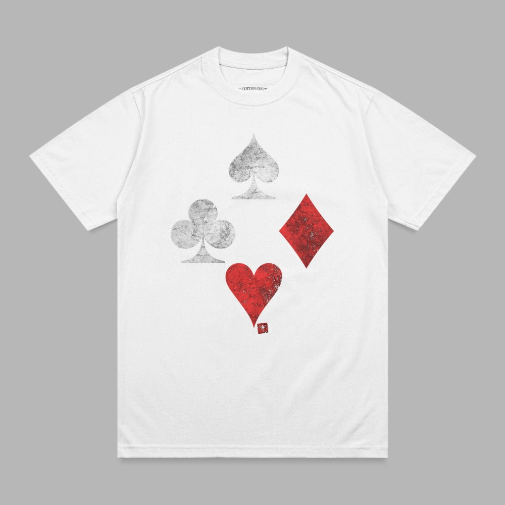 White t-shirt with four distressed playing card suits: spades, clubs, hearts, and diamonds.