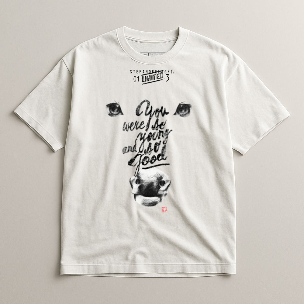 White t-shirt with stylized animal face and text "You were so young and so good".
