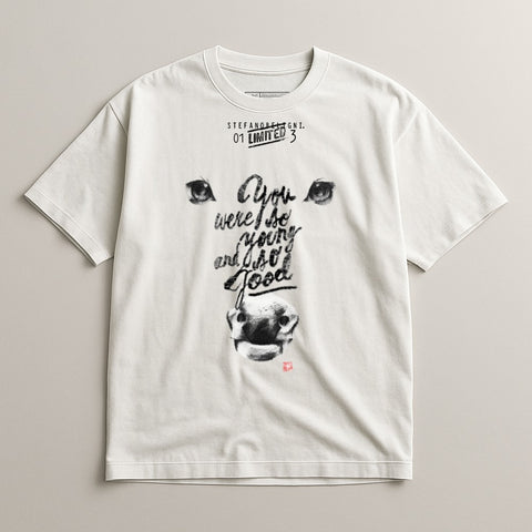 White t-shirt with stylized animal face and text "You were so young and so good".