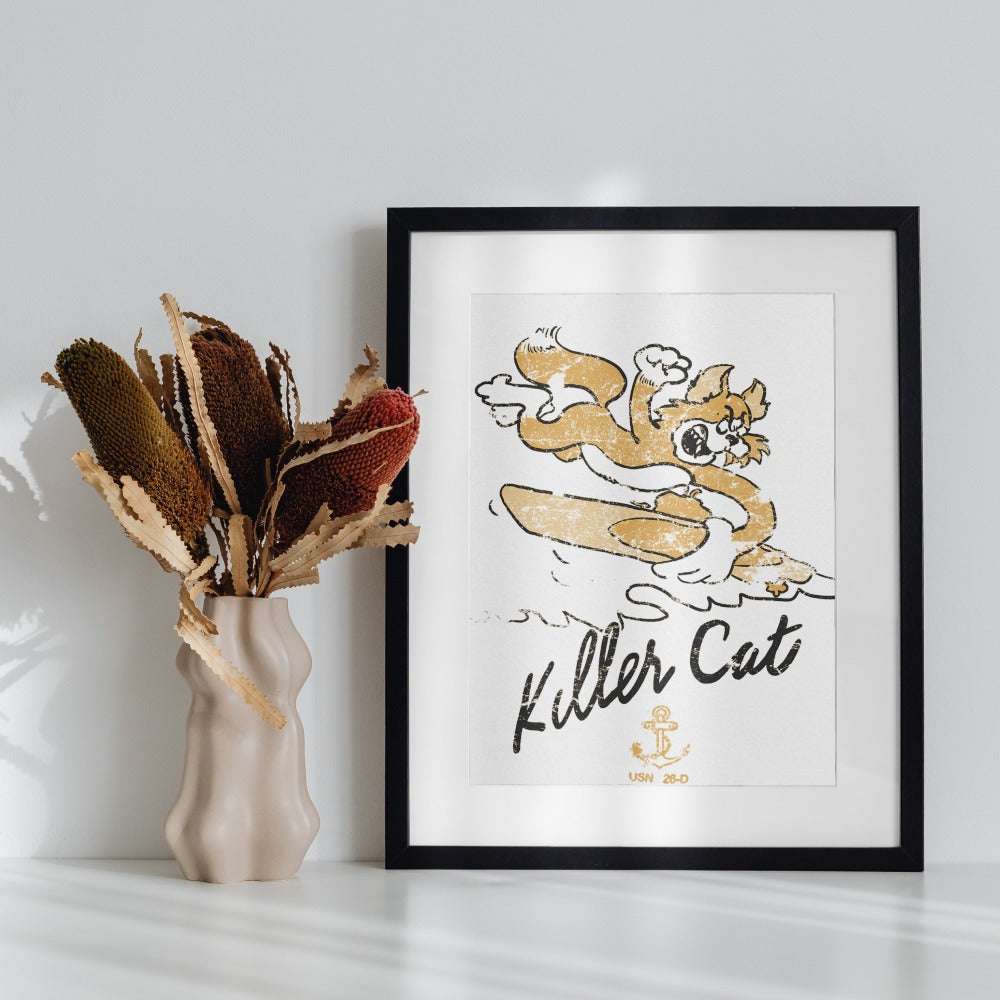 Killer Cat Artwork with Surfboard Print Design