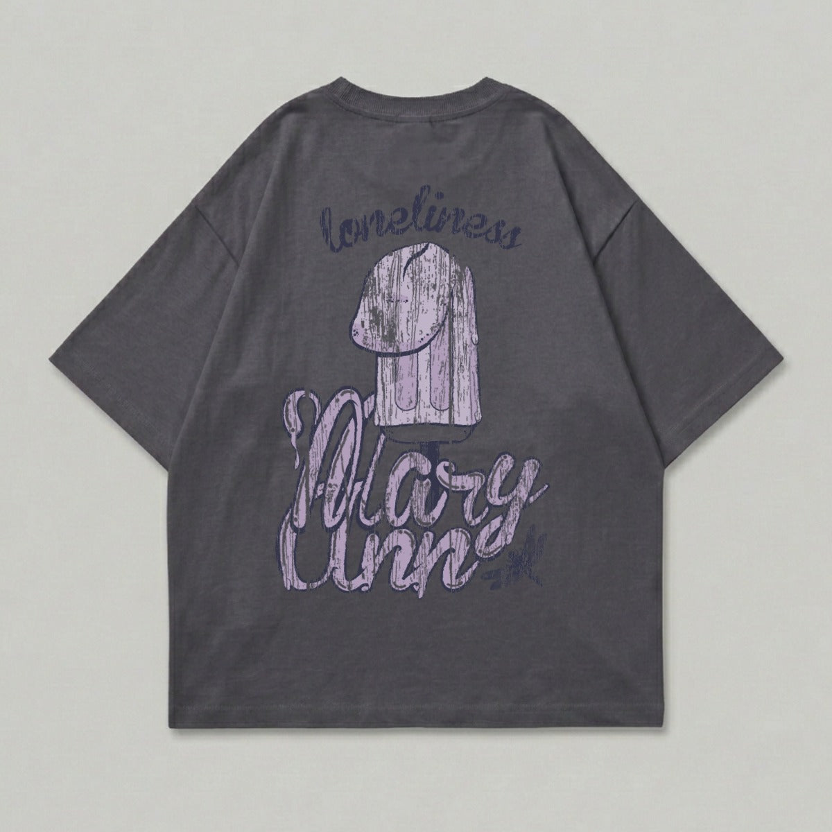 Dark gray t-shirt with "loneliness" and "Mary Ann" graphic on back.