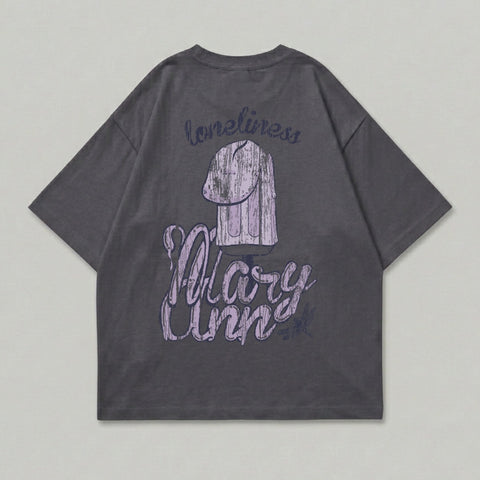 Dark gray t-shirt with "loneliness" and "Mary Ann" graphic on back.