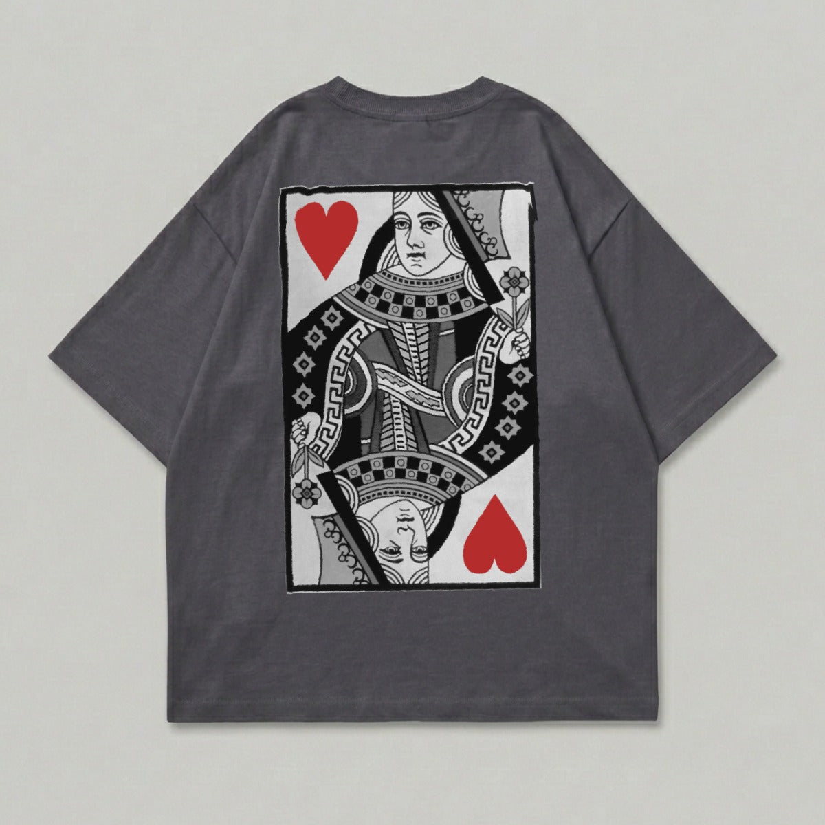 Dark grey t-shirt with a large Queen of Hearts playing card graphic.