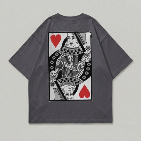 Dark grey t-shirt with a large Queen of Hearts playing card graphic.