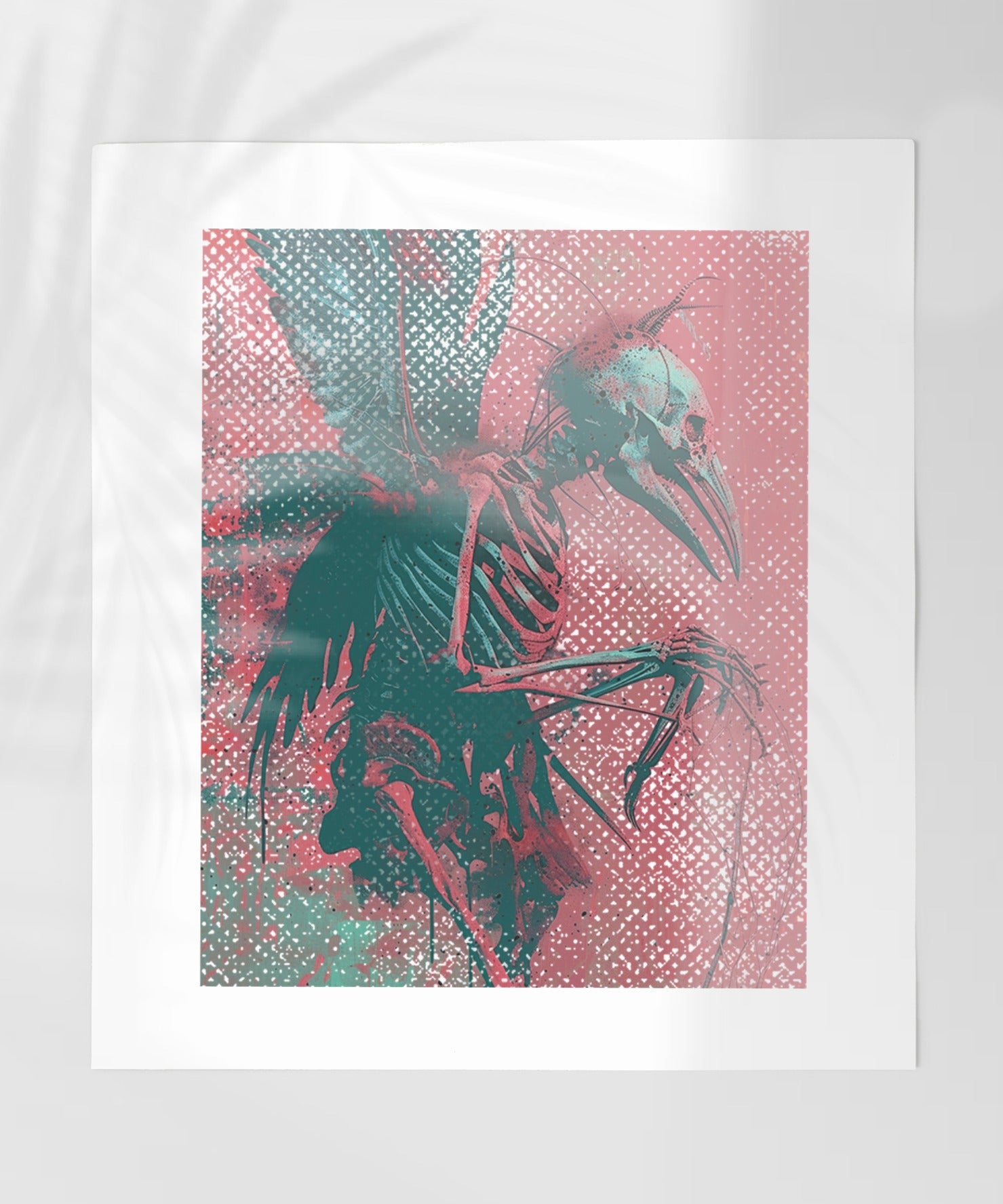 Abstract Skeleton Crow Art Print in Red and Green Tones