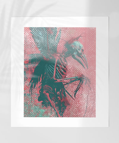 Abstract Skeleton Crow Art Print in Red and Green Tones