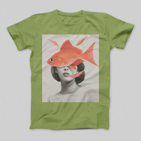 Artistic Green Tee with Surreal Woman and Goldfish Design