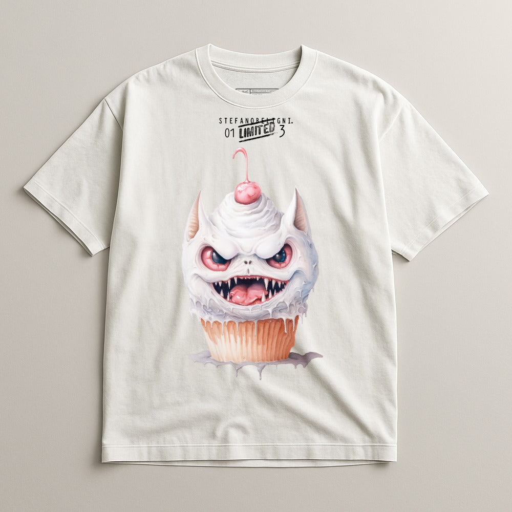 Cream cupcake monster with fangs and cherry on a white t-shirt.