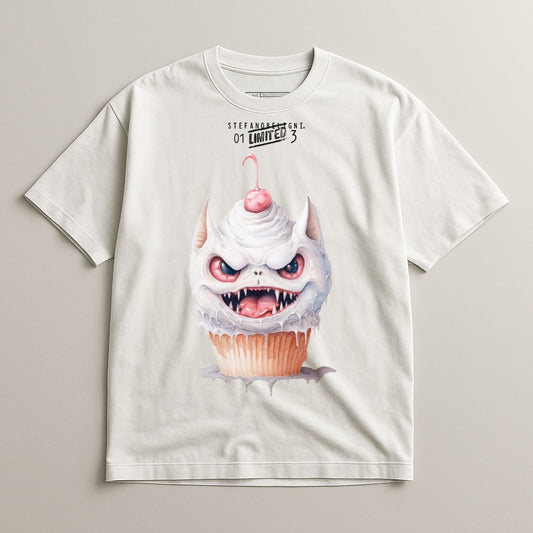 Cream cupcake monster with fangs and cherry on a white t-shirt.