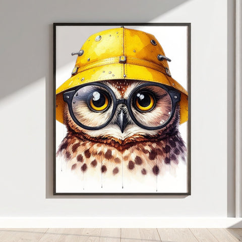 Cute Owl Wearing Yellow Hat and Glasses Wall Art Print