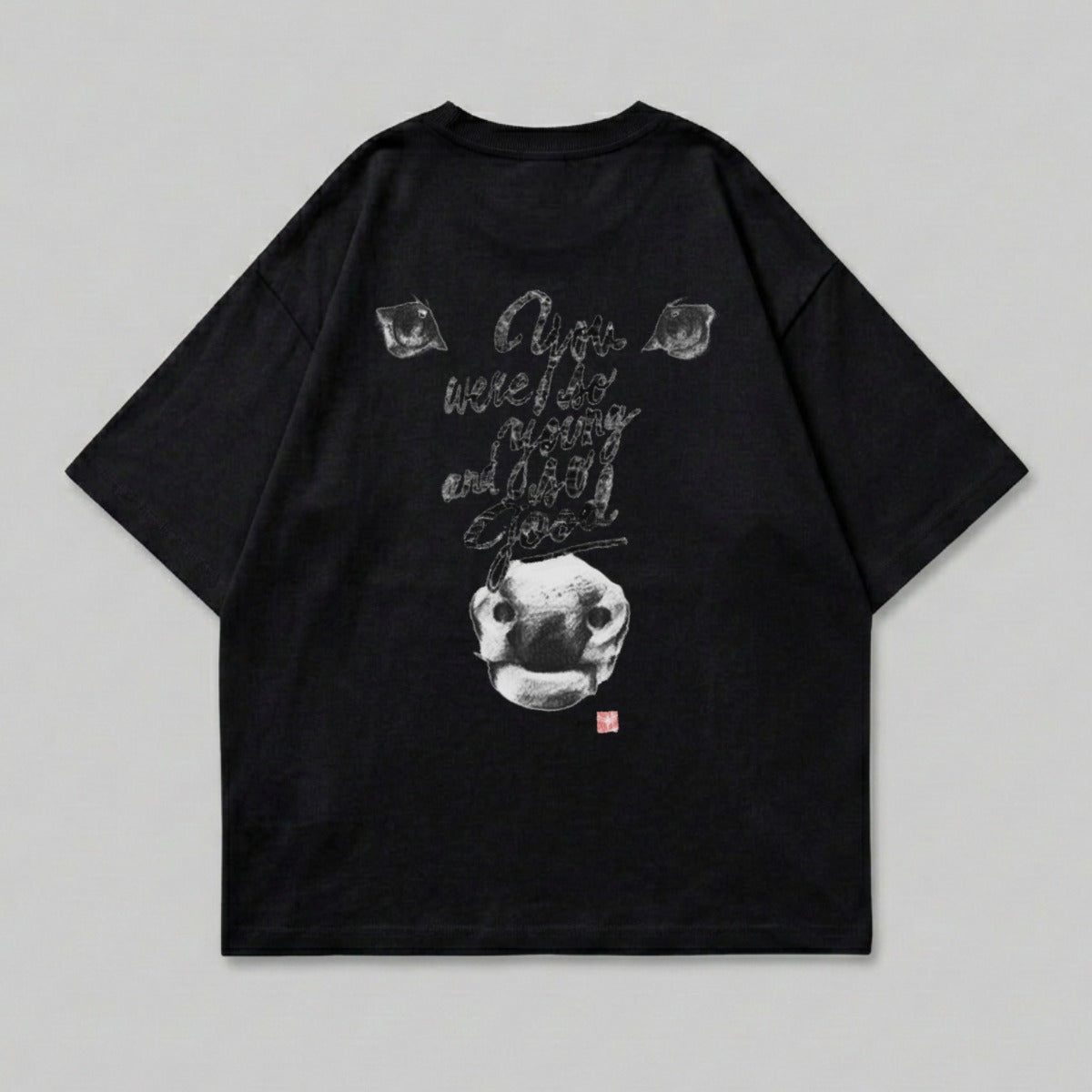 Black t-shirt with graphic of a cow's face and text "you were the good one"