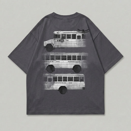 T-shirt with three black and white buses stacked vertically.