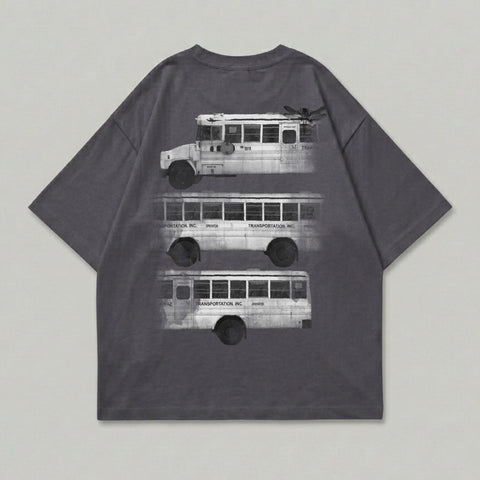 T-shirt with three black and white buses stacked vertically.