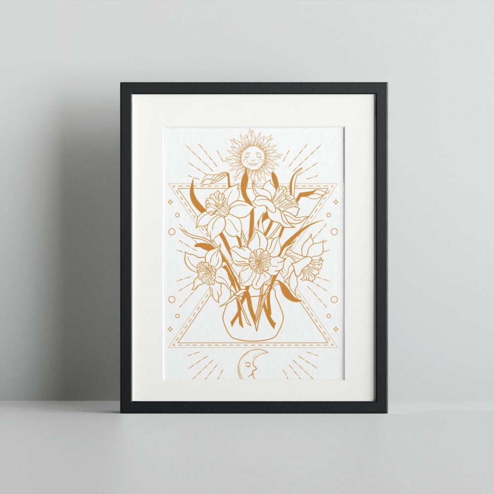 Floral Art with Geometric Sun and Moon Framed Print