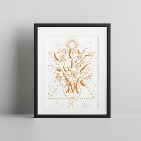 Floral Art with Geometric Sun and Moon Framed Print