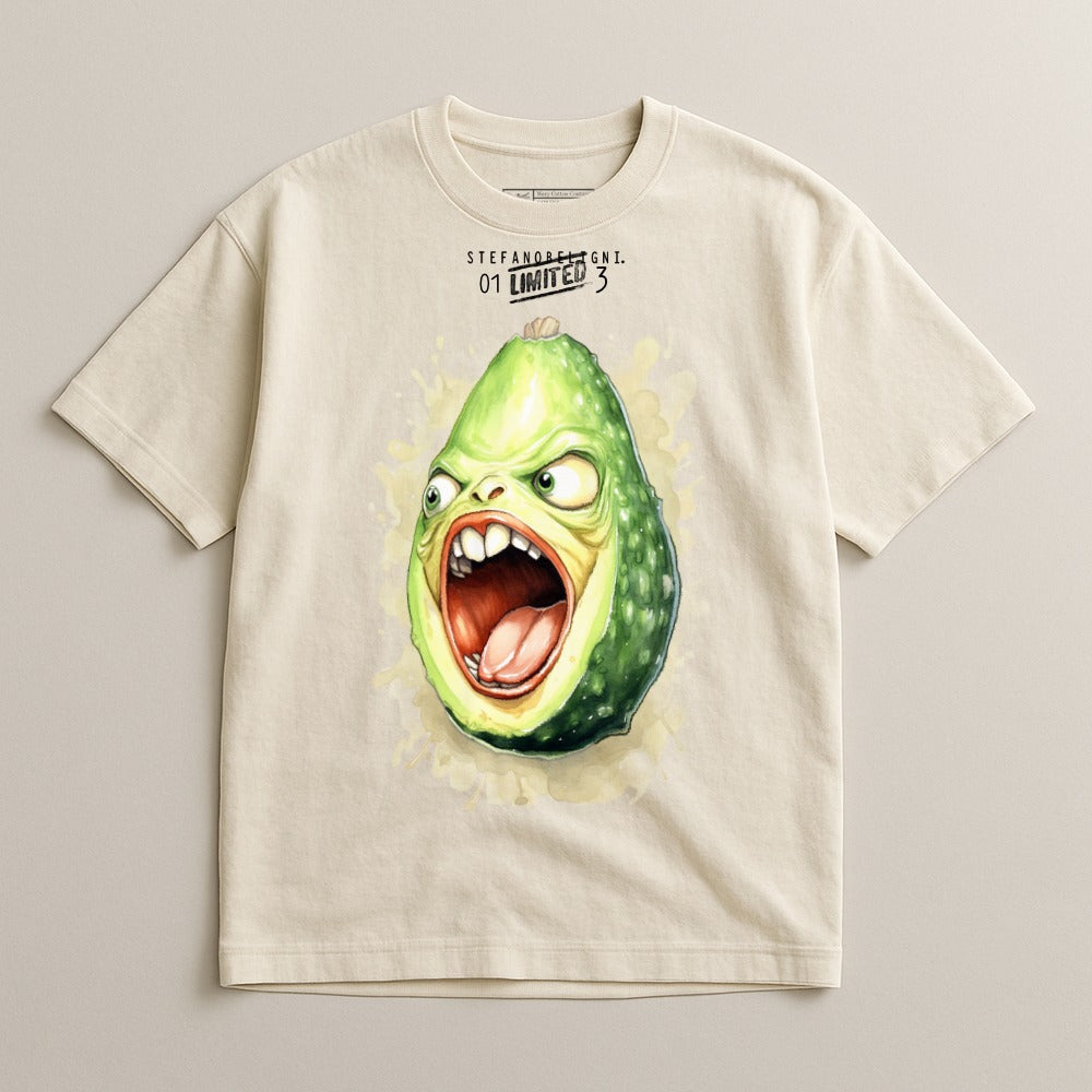 Cream t-shirt with a distressed avocado character screaming, "Stefano Design. 01 Limited 3."