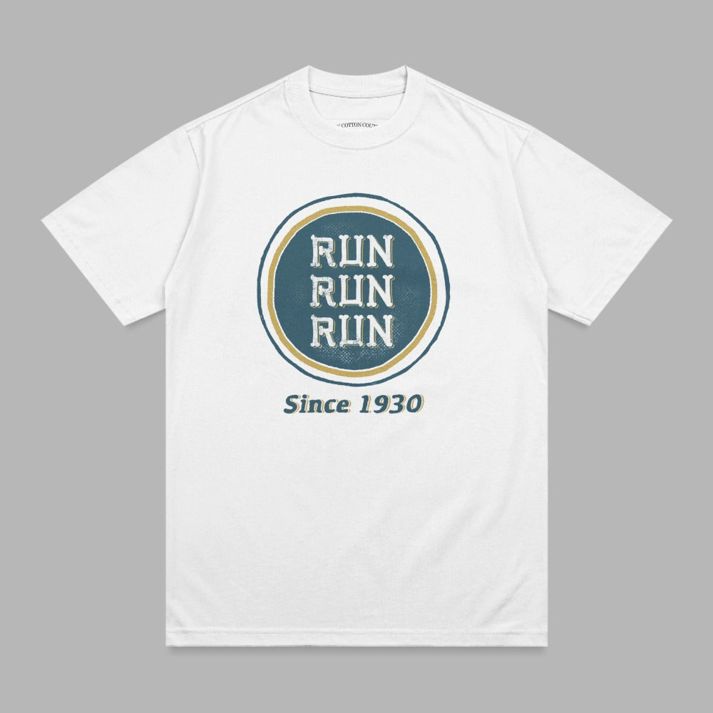 White t-shirt with circular "RUN RUN RUN Since 1930" graphic.