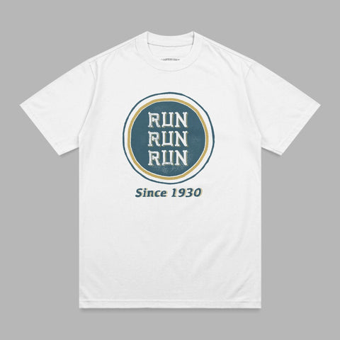 White t-shirt with circular "RUN RUN RUN Since 1930" graphic.