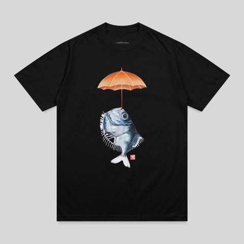 Black t-shirt with illustration of fish holding an orange umbrella above its head.