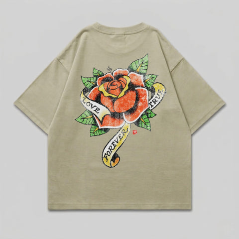 T-shirt with large red rose and "LOVE FOREVER TRUE" banner graphic.