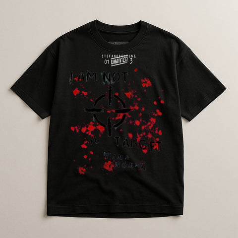 Black t-shirt with "I AM NOT A TARGET" and "I AM A WOMAN" text.