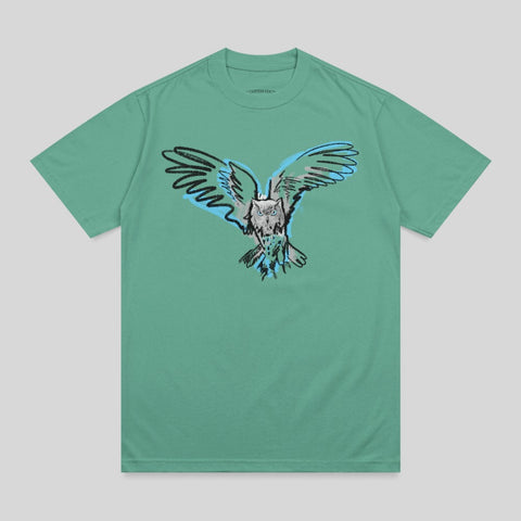 Green t-shirt with a sketched owl in flight graphic.