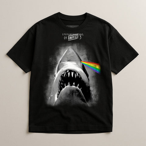 Dark Shark Graphic Tee with Rainbow Laser Beams