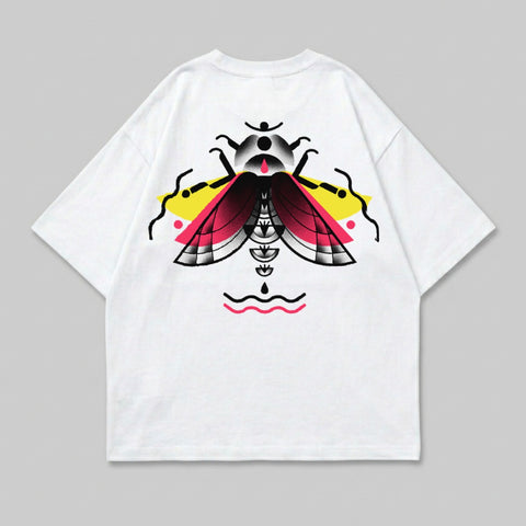 Stylized Insect Creature Graphic White Oversized T-Shirt