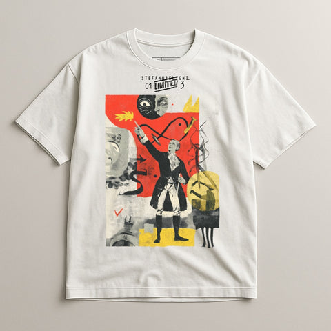 White t-shirt with abstract collage art featuring a man in a coat and historical faces.