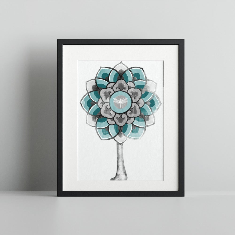 Mandala Style Tree with Dragonfly Artwork Print