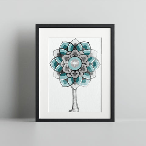 Mandala Style Tree with Dragonfly Artwork Print