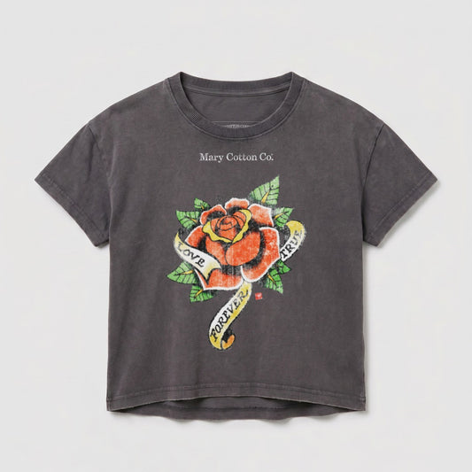 Dark gray t-shirt with a graphic of a red rose and ribbon reading "love forever true".