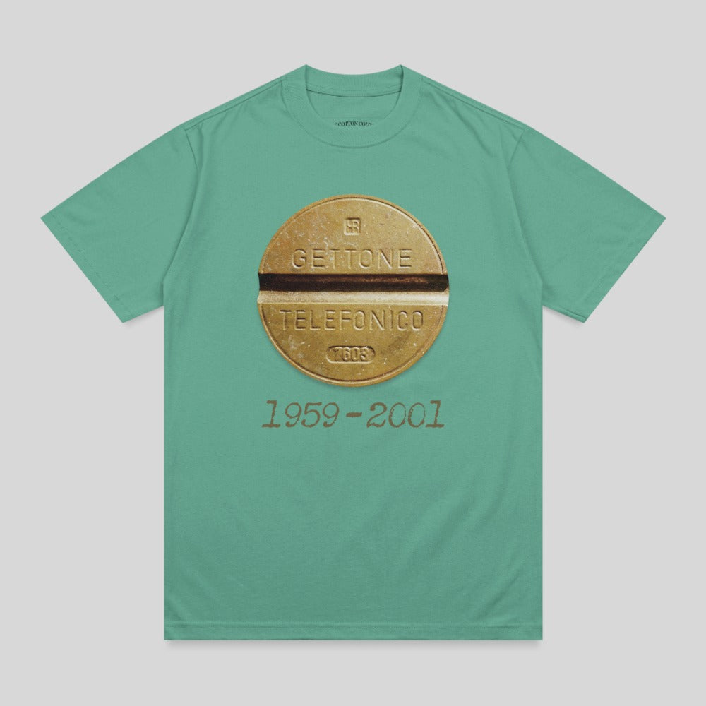 Teal t-shirt with "GETTONE TELEFONICO 1959-2001" graphic.