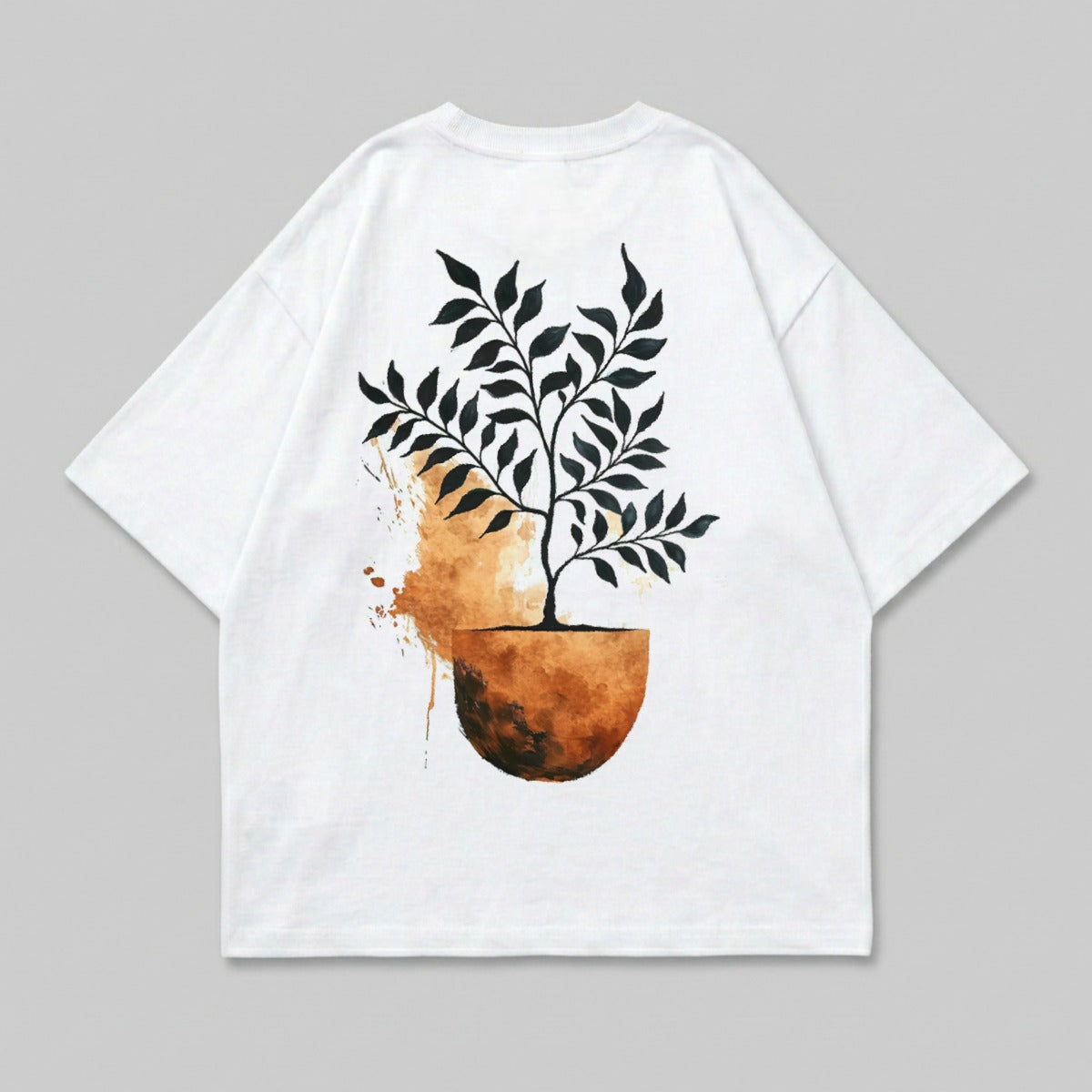 Artistic Botanical Tree Pot Black Leaves Design White product type
tree design, botanical print, nature graphic, watercolor art, abstract plant, pot tree image, black leaves, earth tones, artistic design, minimalist plant, graphic tee, white shirt, unique design, outdoor theme, trendy print, modern art, plant lover, garden style, simple design, back print