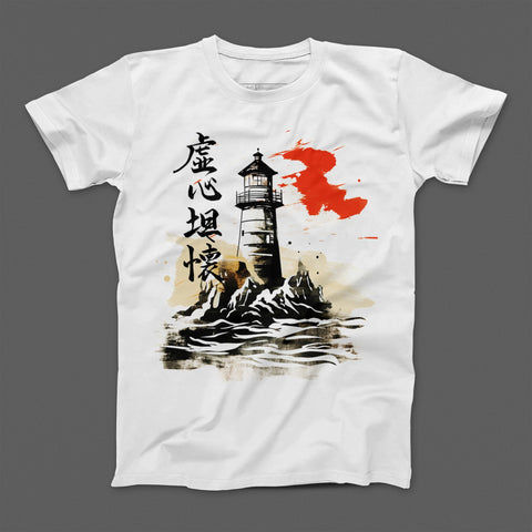 Japanese Lighthouse and Waves Graphic Design Shirt