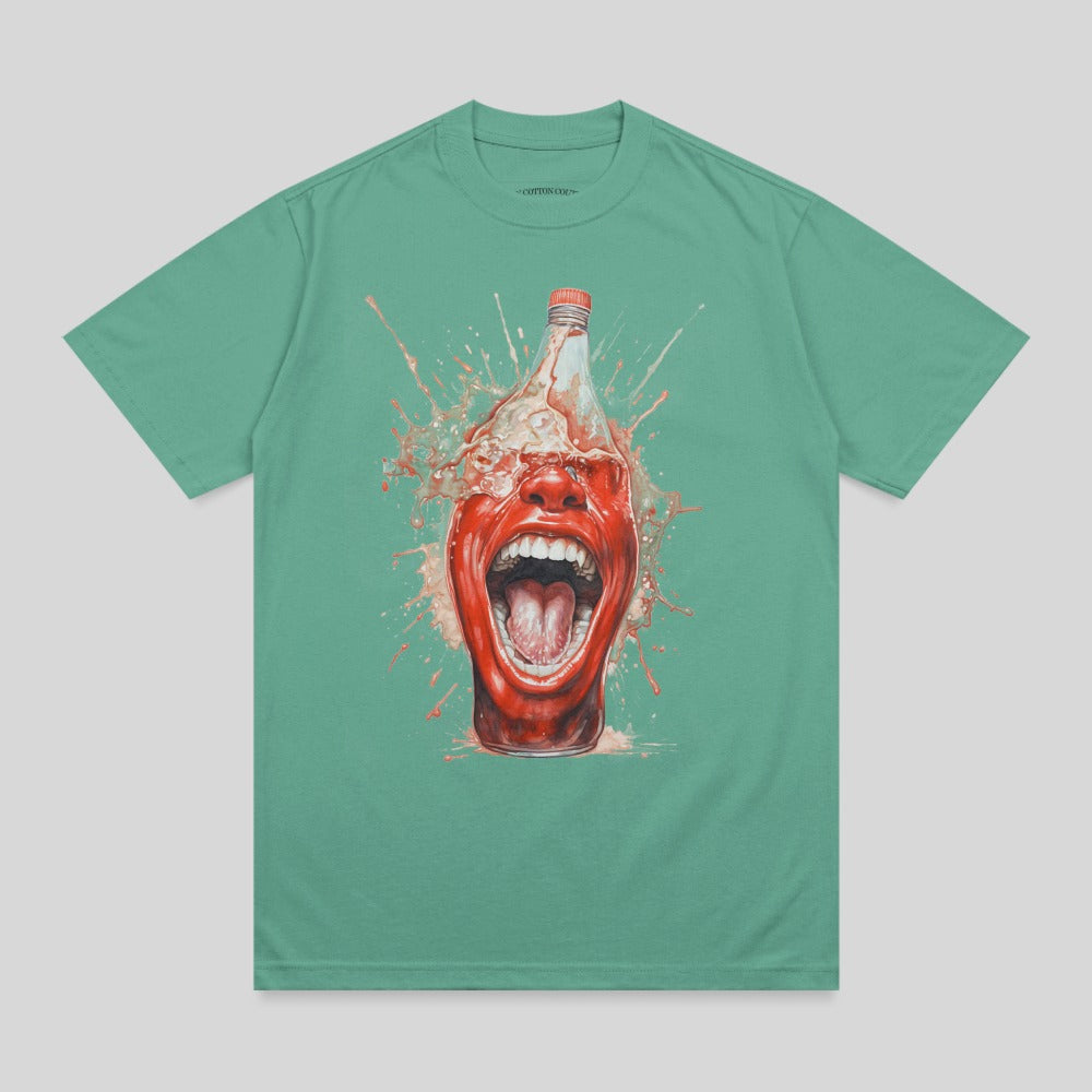 T-shirt with a graphic of a screaming mouth exploding from a bottle.
