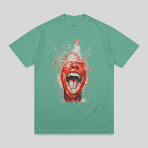 T-shirt with a graphic of a screaming mouth exploding from a bottle.