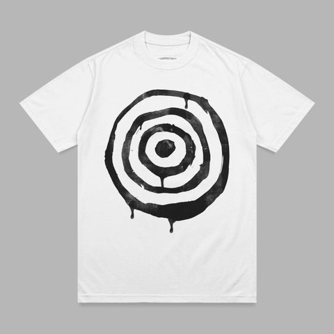 White t-shirt with a black concentric circle target design.