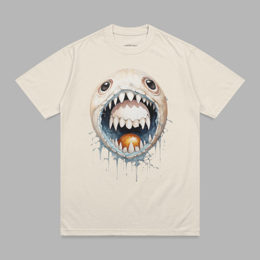 Cream t-shirt with a cartoonish egg monster face with wide mouth and sharp teeth.