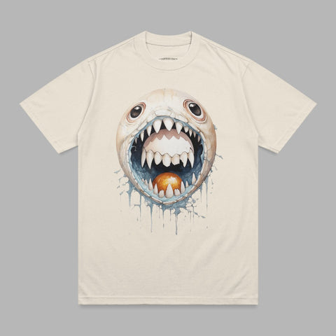 Cream t-shirt with a cartoonish egg monster face with wide mouth and sharp teeth.