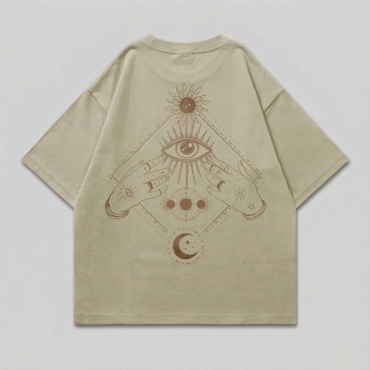 Mystic Eye Hands Sun Moon Stars Geometric Graphic product type
T-shirt, Graphic Tee, Oversized, Loose Fit, Celestial, Mystic, All Seeing Eye, Third Eye, Sun Moon Stars, Cosmic Design, Spiritual Art, Geometric Print, Beige Shirt, Sand Color, Astrology, Occult Fashion, Streetwear Top, Vintage Style, Hands Graphic, Enlightenment