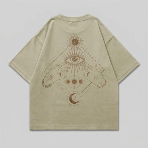 Mystic Eye Hands Sun Moon Stars Geometric Graphic product type
T-shirt, Graphic Tee, Oversized, Loose Fit, Celestial, Mystic, All Seeing Eye, Third Eye, Sun Moon Stars, Cosmic Design, Spiritual Art, Geometric Print, Beige Shirt, Sand Color, Astrology, Occult Fashion, Streetwear Top, Vintage Style, Hands Graphic, Enlightenment