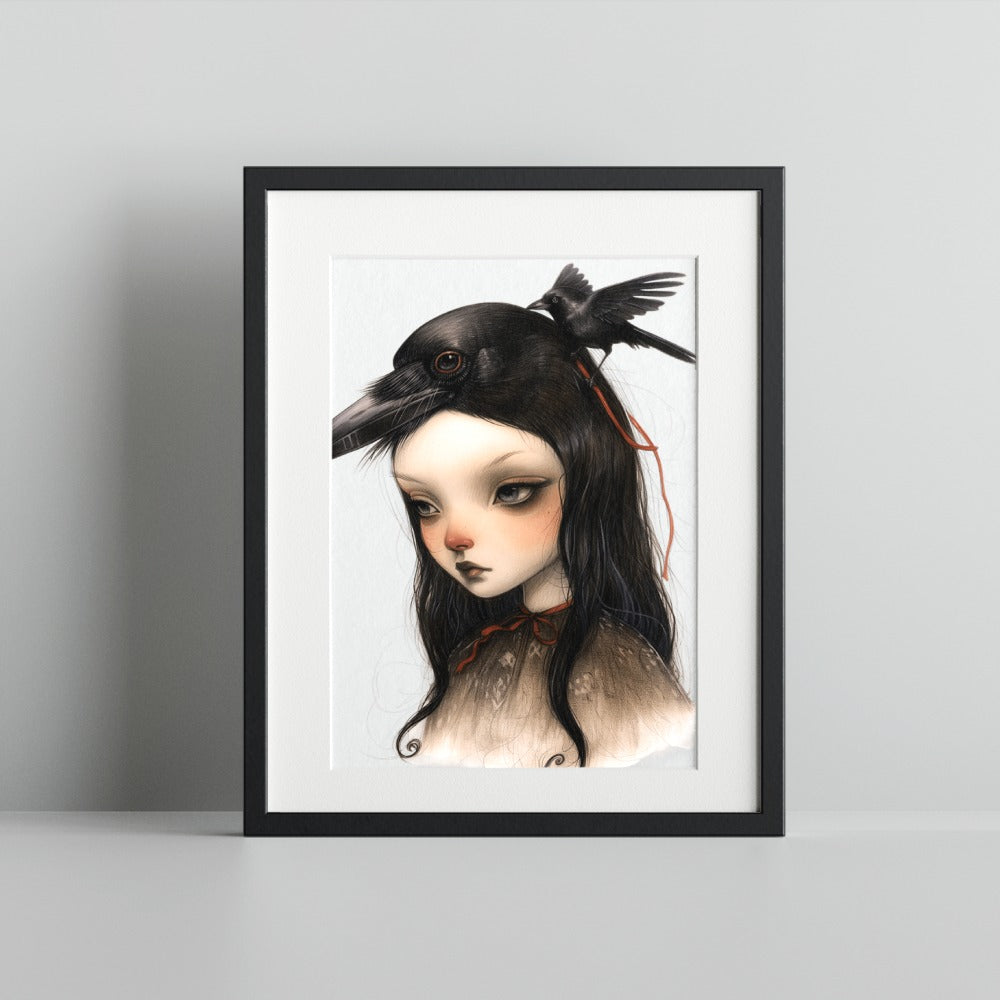 Dark Haired Girl with Crow Illustration Art Print