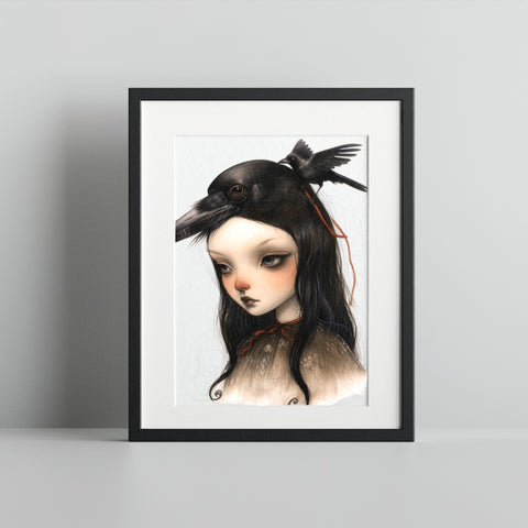 Dark Haired Girl with Crow Illustration Art Print