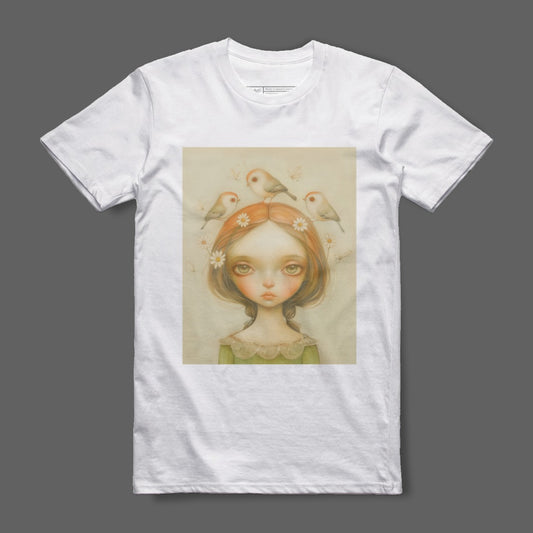 Girl with Birds Art Design Printed on a White Shirt