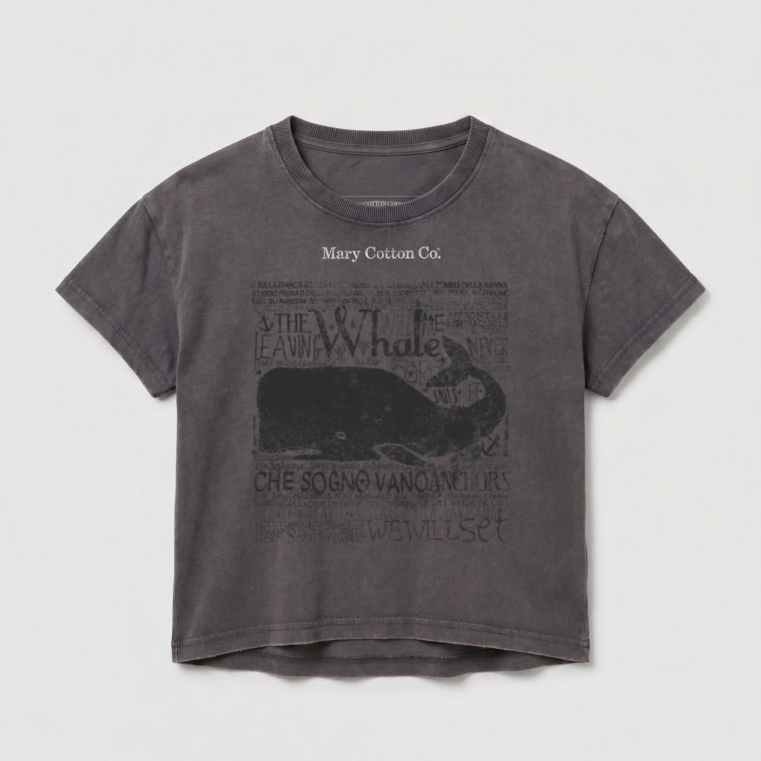 Grey t-shirt with a whale graphic and "Mary Cotton Co." text.