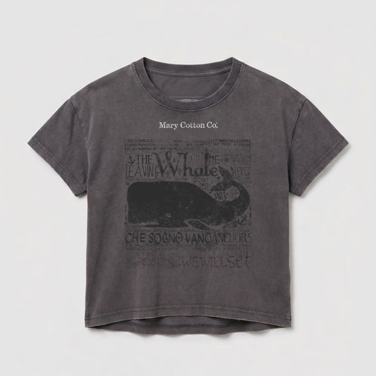 Grey t-shirt with a whale graphic and "Mary Cotton Co." text.