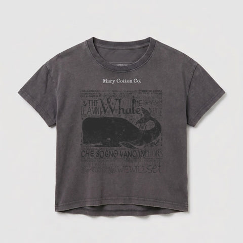 Grey t-shirt with a whale graphic and "Mary Cotton Co." text.