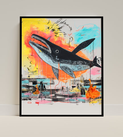 Vibrant Abstract Whale Art Print in Black Frame Artwork