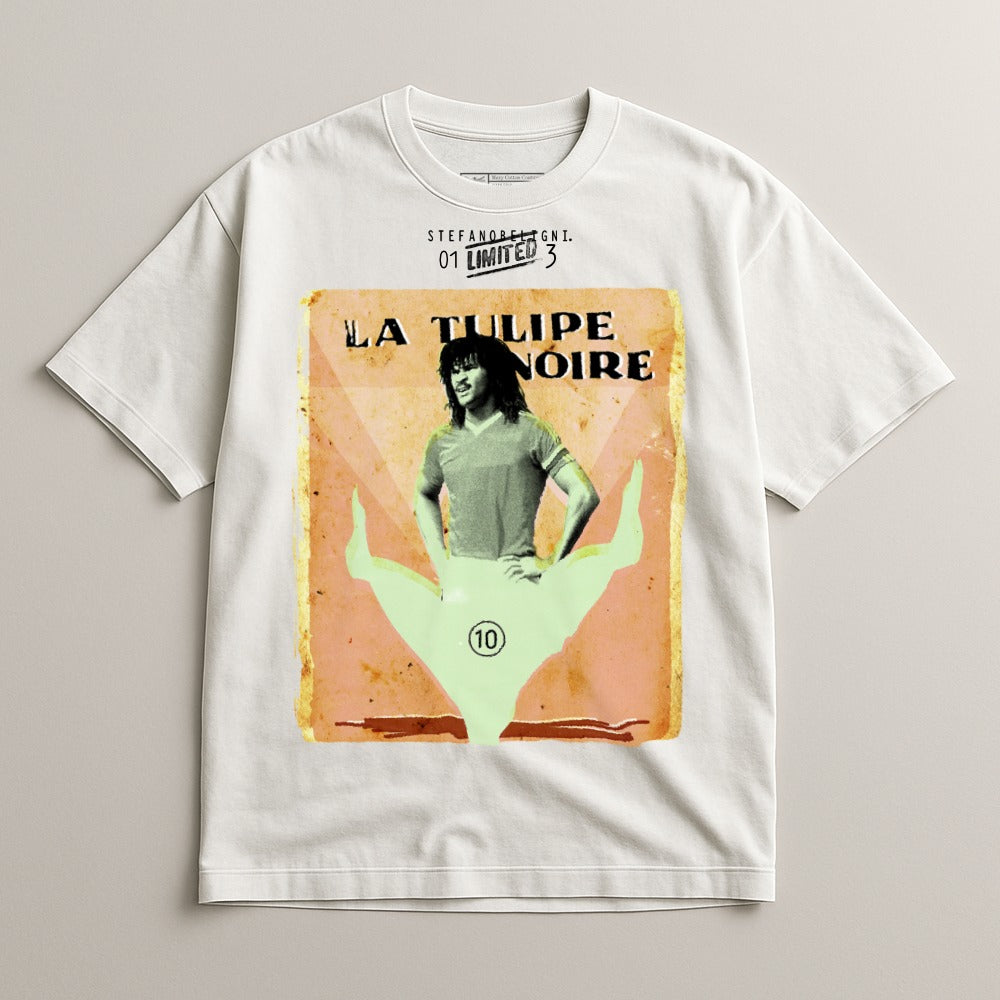 Cream t-shirt featuring "La Tulipe Noire" and graphic of a person with number 10.